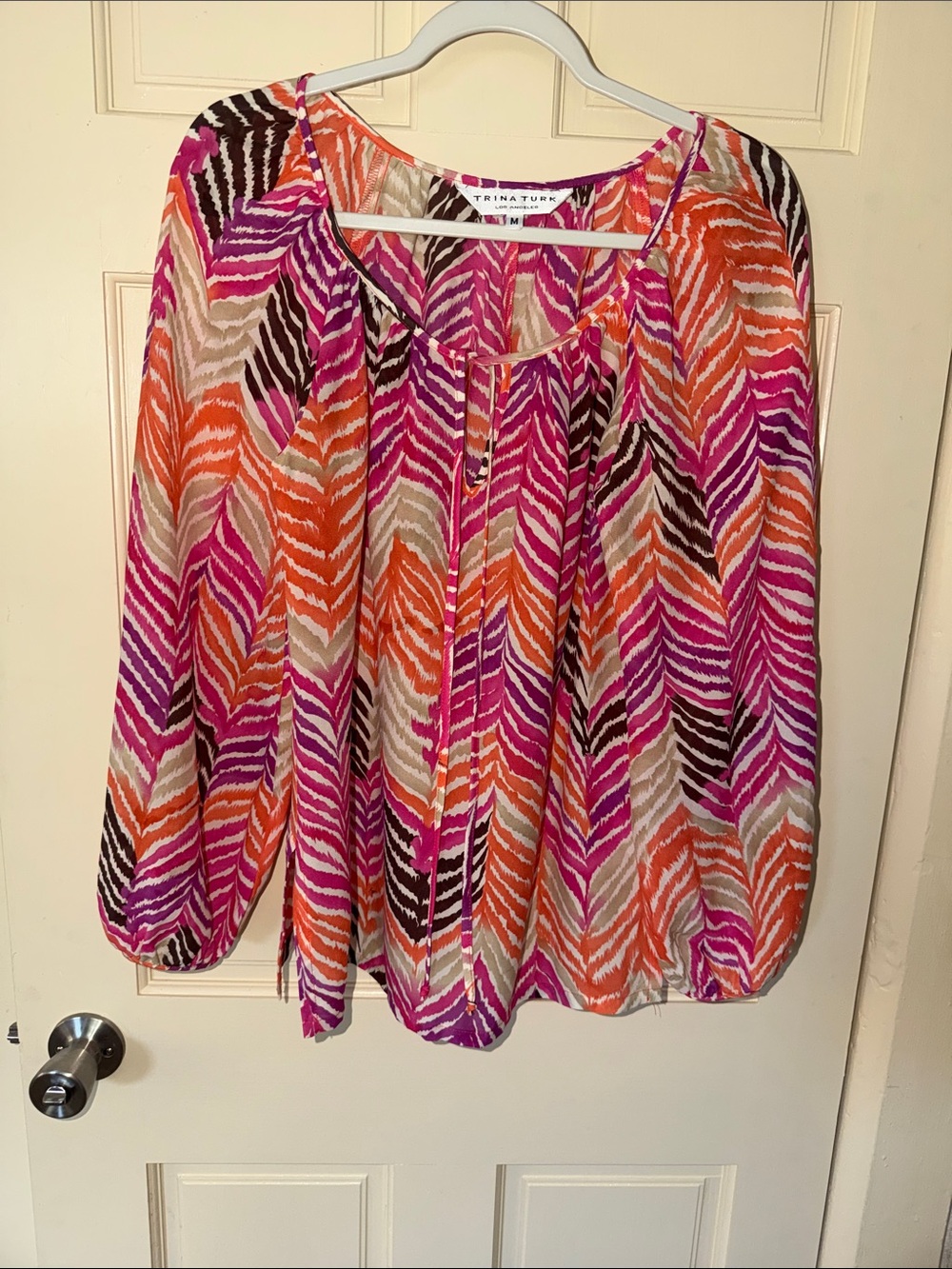 Trina Turk Pink Orange Chevron-Stripe Peasant Blouse